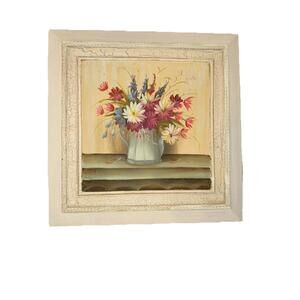 Vtg still life HandPainted Floral arrangement on wood frame with crackled border